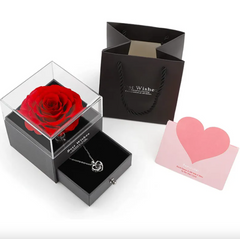 Clear box with a red rose, necklace, and pink card on a white background