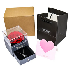 Gift set with red rose in a box, necklace, and pink heart card on a white background