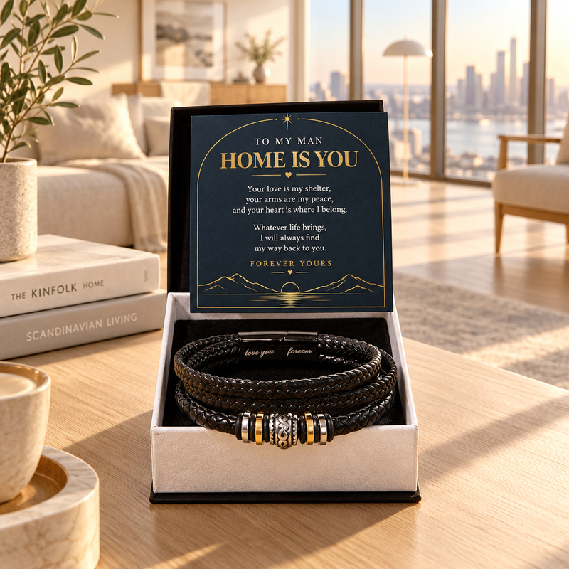 Black bracelet in a gift box with Home Is You message card