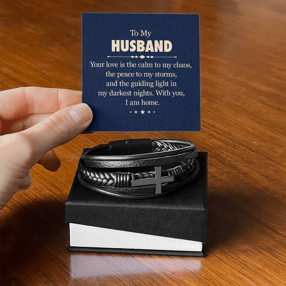 Calm to My Chaos leather cross bracelet with heartfelt message card for husband