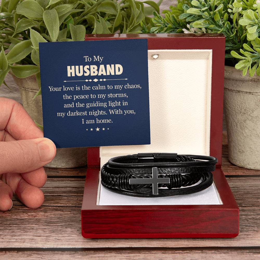 Calm to My Chaos bracelet for husband in luxury mahogany-style LED gift box
