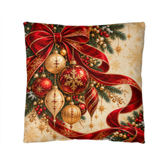 Crimson Ribbon & Gilded Ornaments – Christmas Classic Pillow