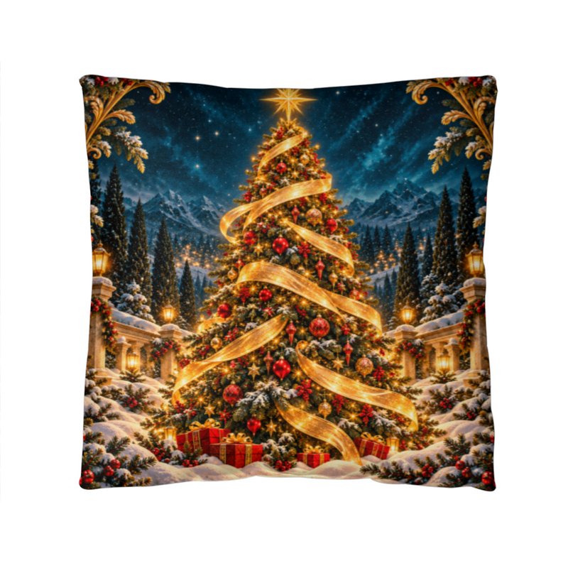 Starlit Christmas Tree – Golden Ribbon Classic Pillow