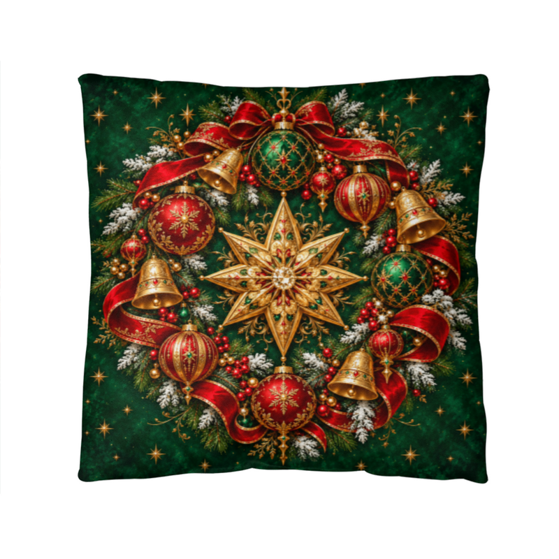 Jeweled Christmas Star & Emerald Wreath – Classic Pillow
