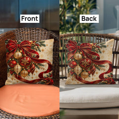 Crimson Ribbon & Gilded Ornaments – Christmas Classic Pillow