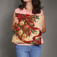 Crimson Ribbon & Gilded Ornaments – Christmas Classic Pillow