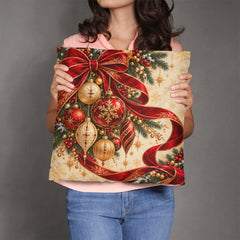 Crimson Ribbon & Gilded Ornaments – Christmas Classic Pillow