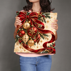 Crimson Ribbon & Gilded Ornaments – Christmas Classic Pillow