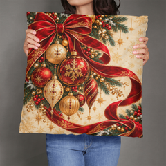 Crimson Ribbon & Gilded Ornaments – Christmas Classic Pillow