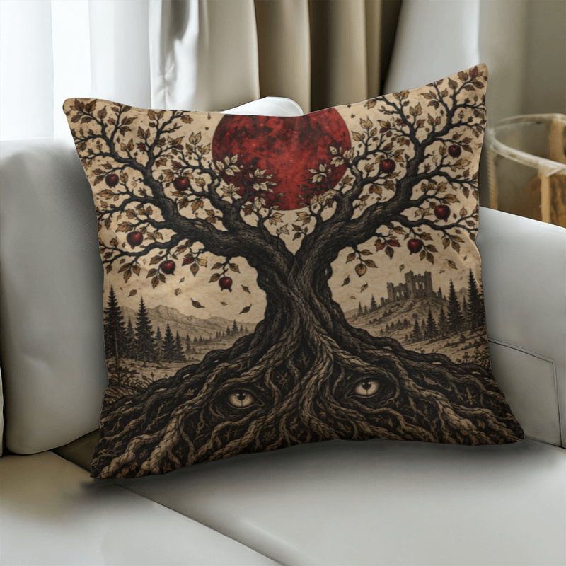 Gothic Raven and Blood Moon Throw Pillow with Insert - The Watching Orchard, 18 x 18