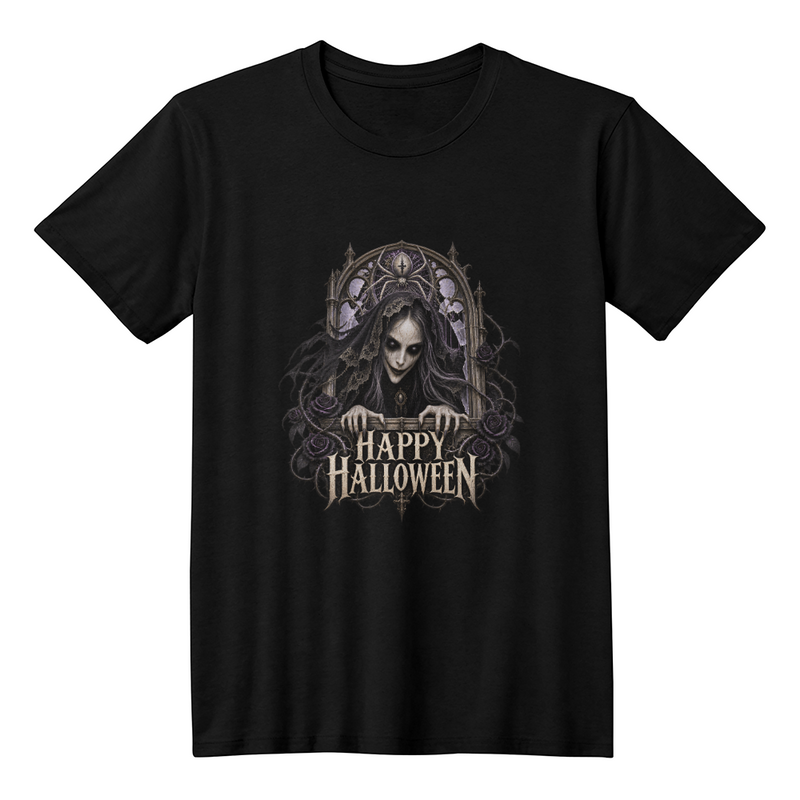 Scary Gothic Widow Halloween T-Shirt - The Widow in the Window