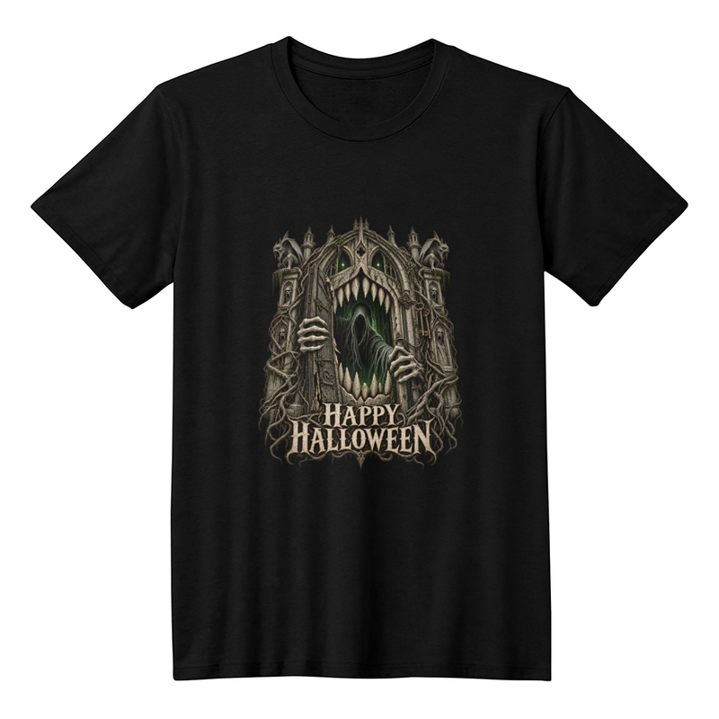 Scary Haunted Door Halloween T-Shirt - The Door That Hungers