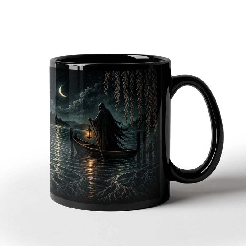 Gothic Ferryman Black Coffee Mug - Passage at Midnight, 11 oz