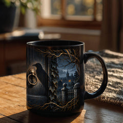 Gothic Raven Black Coffee Mug - The Midnight Visitor, 11 oz