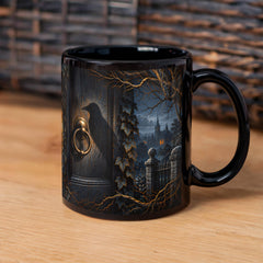 Gothic Raven Black Coffee Mug - The Midnight Visitor, 11 oz