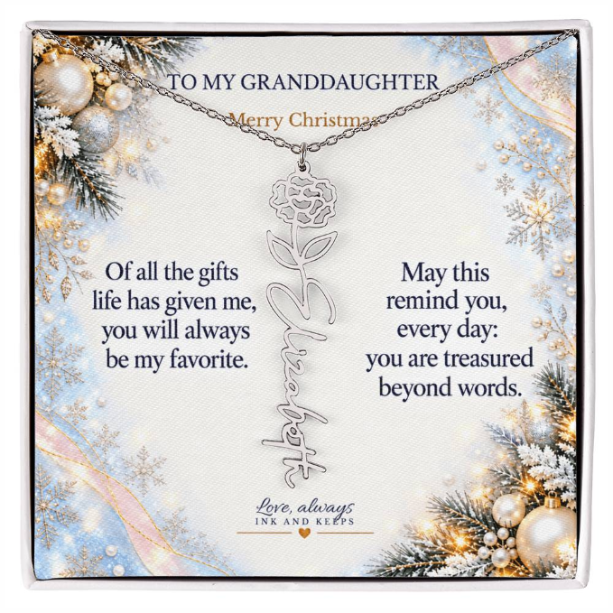Personalized Birth Flower Name Necklace for Granddaughter - Snowy Pearl Christmas Gift