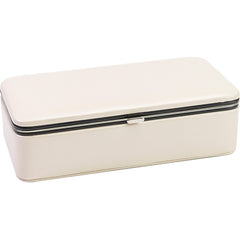 Beige rectangular storage box with a black zipper on a white background