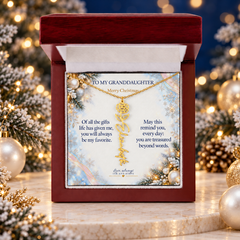 Granddaughter Snowy Pearl Christmas name necklace, gold luxury box