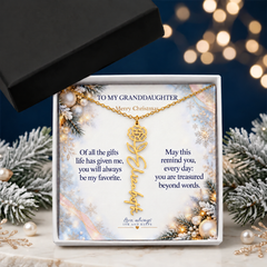Granddaughter Snowy Pearl Christmas name necklace, gold standard box