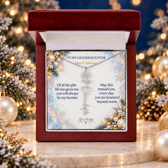 Granddaughter Snowy Pearl Christmas name necklace, silver luxury box