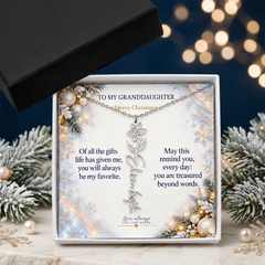 Granddaughter Snowy Pearl Christmas name necklace, silver standard box