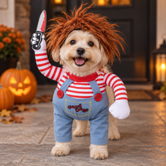 Small cream dog wearing a Halloween costume with a red-and-white striped shirt, blue overalls, auburn wig and toy knife prop on a pumpkin-decorated porch.