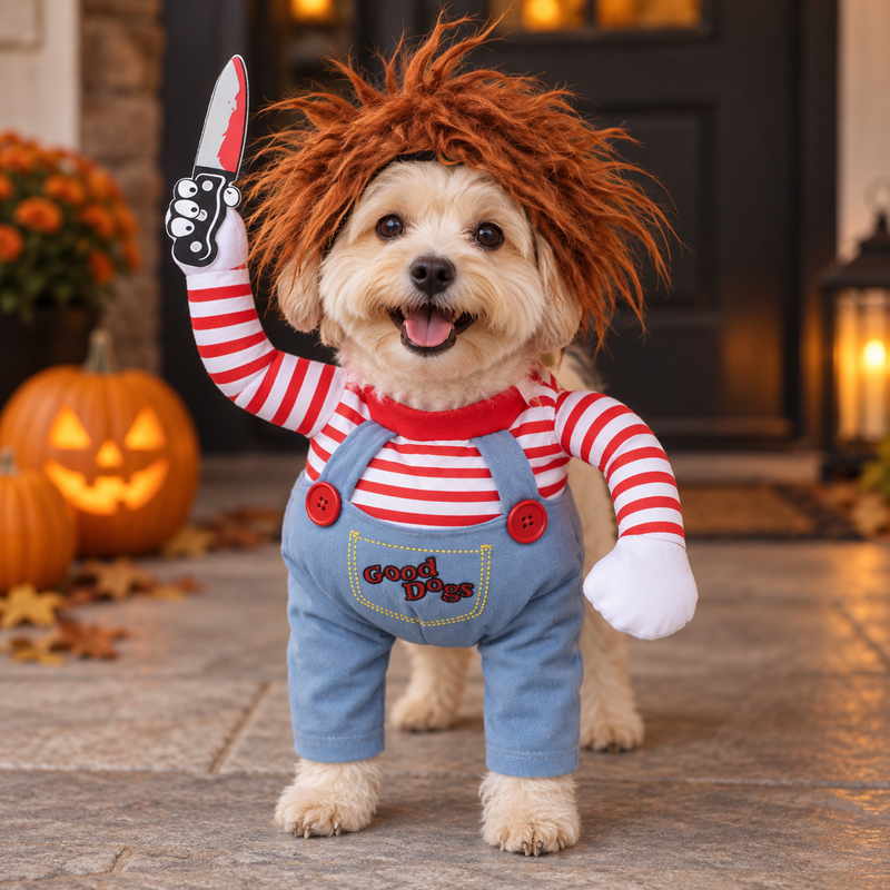 Small cream dog wearing a Halloween costume with a red-and-white striped shirt, blue overalls, auburn wig and toy knife prop on a pumpkin-decorated porch.