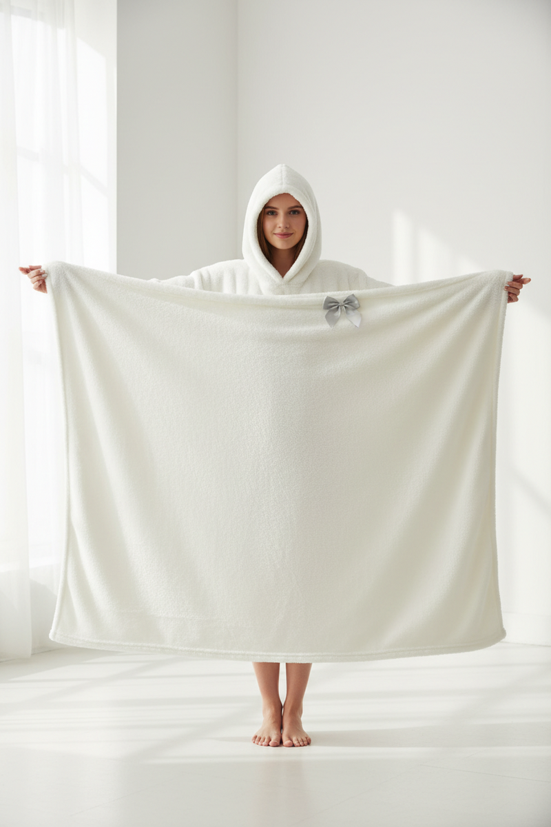 Hooded Sherpa Fleece Blanket held open while wearing the hood