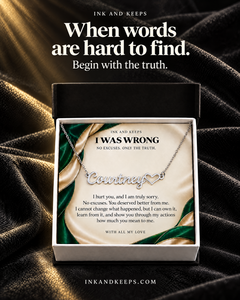 Ink And Keeps personalized Courtney heart name necklace with I Was Wrong emerald message card on charcoal velvet. When words are hard to find. Begin with the truth.