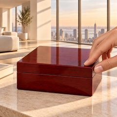 Hand about to open a closed polished red luxury gift box, shown as a packaging example for the personalized To My Man bracelet
