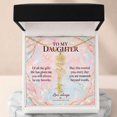 Gold personalized birth flower name necklace for Daughter in an open Standard Box on a marble pedestal