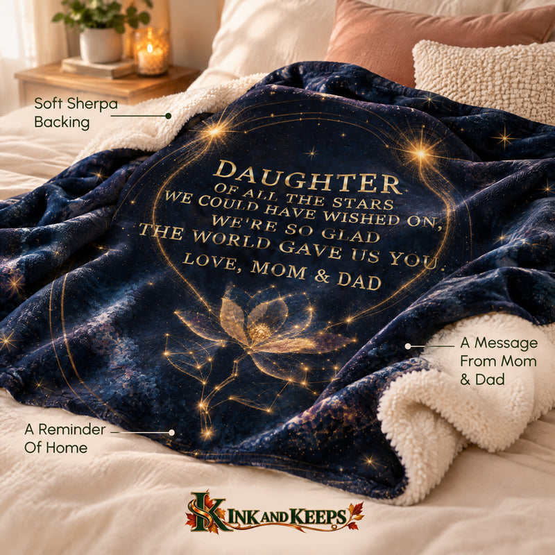 The Star We Got From Mom & Dad daughter sherpa blanket with gold celestial design on navy